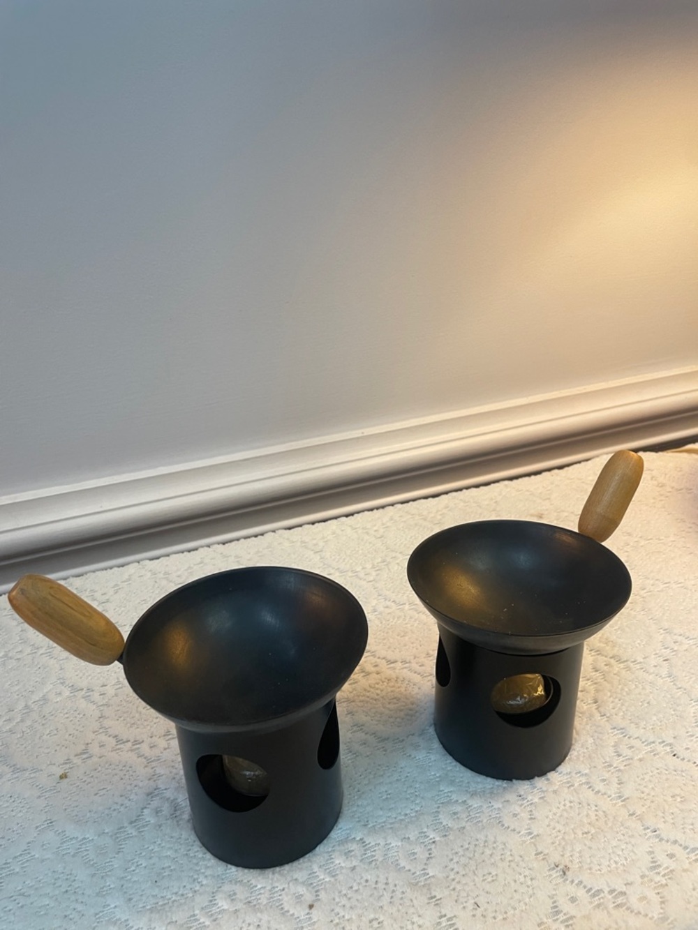Set of 2 Black Fondue/butter  Warmers with Wooden Handles